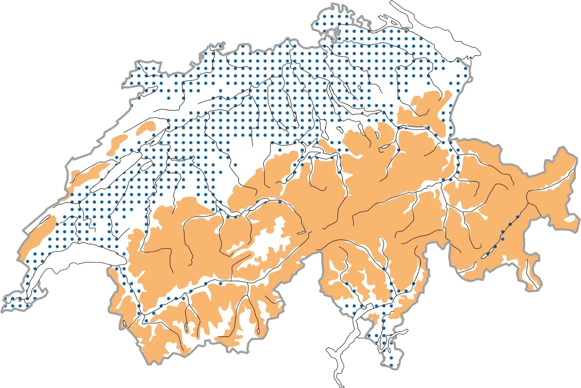 Distribuzione schematizzata durante la stagione riproduttiva (ocra), in inverno (blu punteggiato). Distribuzione schematizzata durante la stagione riproduttiva (ocra), in inverno (blu punteggiato). © Stazione ornitologica svizzera