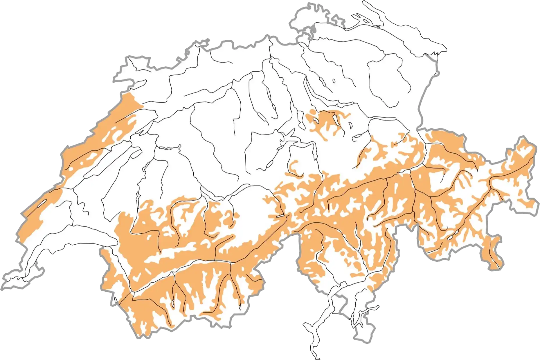 Distribuzione schematizzata durante la stagione riproduttiva (ocra). © Stazione ornitologica svizzera Distribuzione schematizzata durante la stagione riproduttiva (ocra). © Stazione ornitologica svizzera