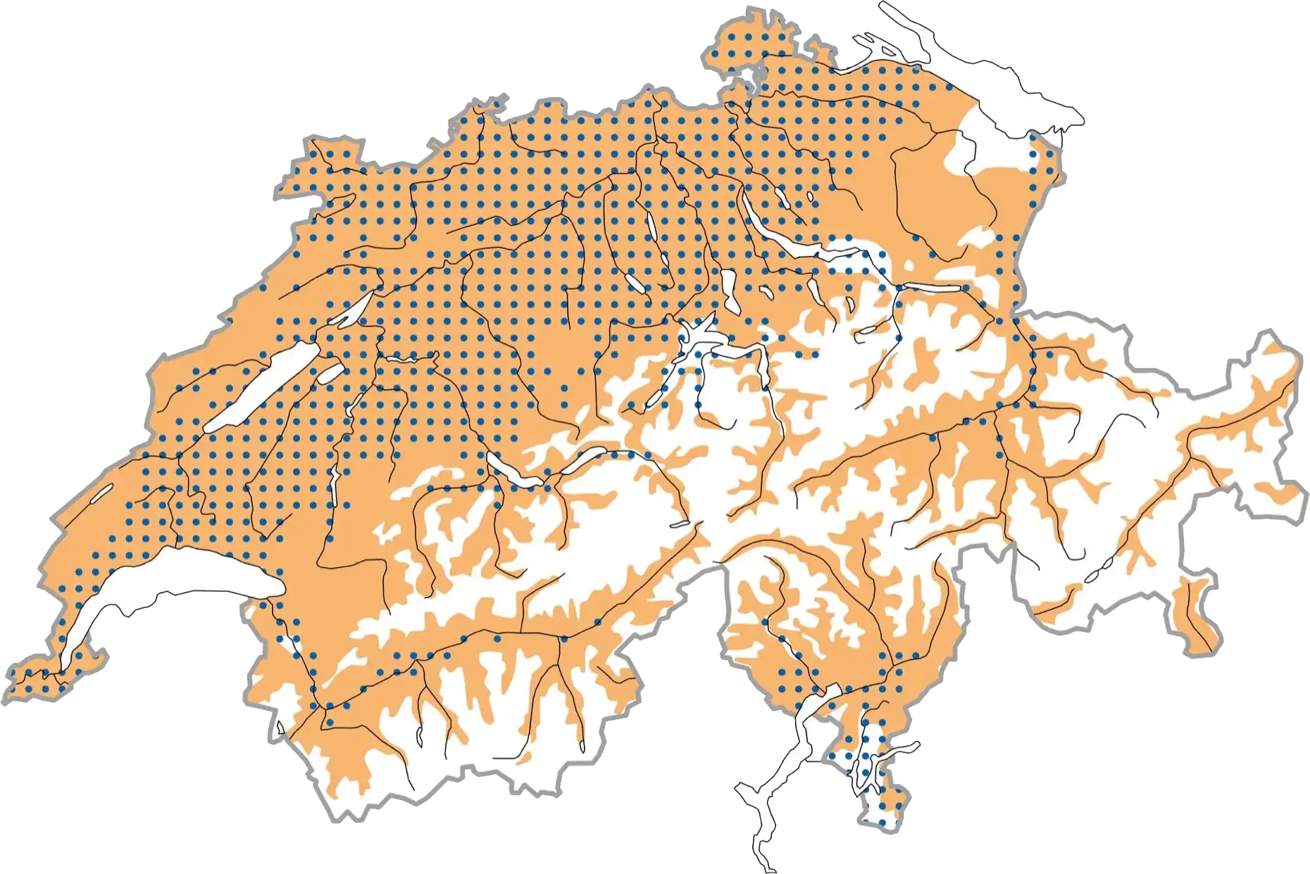 Distribuzione schematizzata durante la stagione riproduttiva (ocra), in inverno (blu punteggiato). © Stazione ornitologica svizzera Distribuzione schematizzata durante la stagione riproduttiva (ocra), in inverno (blu punteggiato). © Stazione ornitologica svizzera